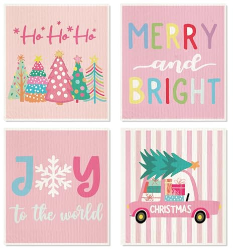 AnyDesign 4Pcs Merry Christmas Swedish Dishcloth Pink Xmas Tree Cotton Kitchen Towel Absorbent Dish Towel for Home Party Housewarming Cleaning, 7 x 8 Inch