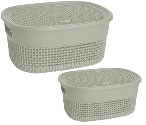 (Set of 2) - Small And Large Oval Plastic Storage Basket with Lid 4L/14L Litre Storage Box Stackable Organiser For Makeup Storage Kitchen Bathroom Toy Box Desktop Shelves Cupboards (Green)