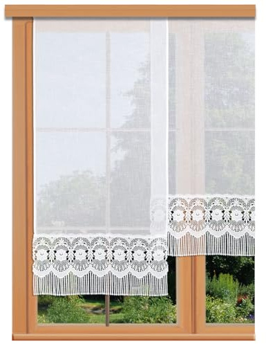 Schiebepaneele Amalia mit Echter Vogtländischer Spitze in weiß Landhaus-Flächengardine in Käseleinenoptik Schiebevorhang mit Perlenschnurfransen 80 x 55 cm