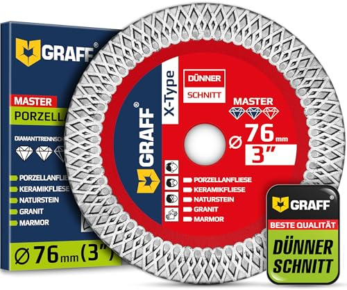 Feinsteinzeug Diamantscheibe 76mm für harte Fliesen, Marmor, Granit, Keramik – 1.2mm Super Dünne Diamanttrennscheibe für Geradschleifer und Mini-Winkelschleifer – Diamant Trennscheibe GRAFF
