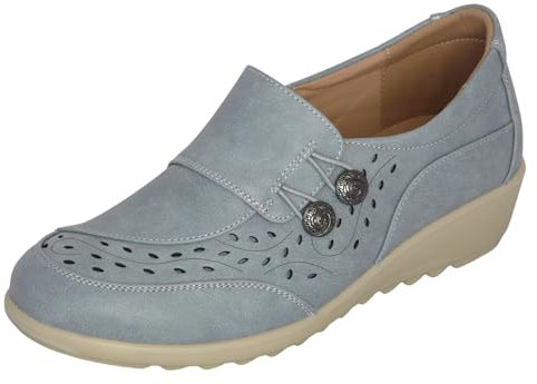 Cushion Walk Women's Ladies EEE Fitting Wide Fit Lightweight Slip-on Faux Leather Low Wedge Shoes, Casual Comfort Shoe (7 UK, Blue)