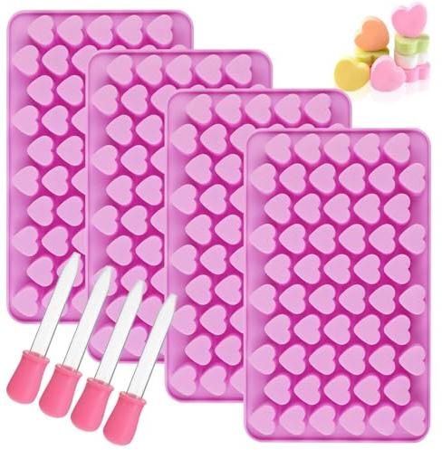 YXHZVON Schokoladenformen Herz 4 Stück Bonbon Formen Silikon mit 4 Droppers | Wiederverwendbar Bonbonform Silikon mit 55 Kavitäten, Antihaft, BPA-Frei, für Gelee, Schokolade, Gummibärchen, Süßigkeiten