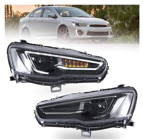 Halogen-Scheinwerfer für Auto, kompatibel mit Mitsubishi Lancer Evo X 2008-2020, Blinker, DRL-Linse, Doppelstrahler, Halogen-Scheinwerfer-Set (ohne Devil Eyes)
