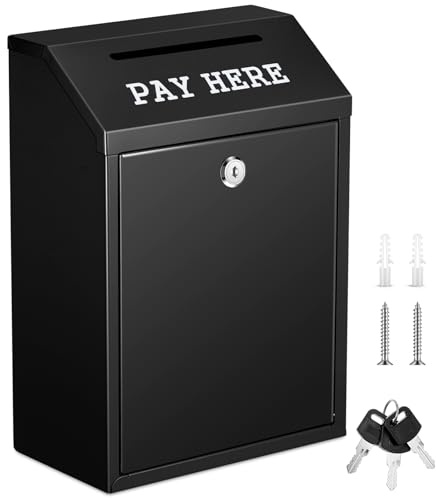 Yaocom Safe Geldkassette aus Metall, Spendenbox mit Schloss, Wandhalterung, vorgebohrt, Briefkasten, Lieferurne für Zuhause, Büro, Outdoor, Selbstbedienungsständer (schwarz, 30 x 21 x 12 cm)