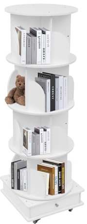 WindWilder 4 stufiges Drehbares Bücherregal mit Rollen 46x46x142cm, 360° Drehregal Buchregal mit Schubladen bis 35kg/77 lbs Tragfähigkeit, Bücherschrank aus Holz mit 16 Fächern (weiß)