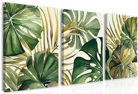 BINCUE 3 Teilig Leinwandbild Pflanzen,Boho Grüne Blätter Wandkunst,Pflanzen Wandbilder Wohnzimmer,Moderne Poster Set Wohnzimmer,Grüne Blätter Bild,Blätt Bilder für Schlafzimmer Küche Badezimmer