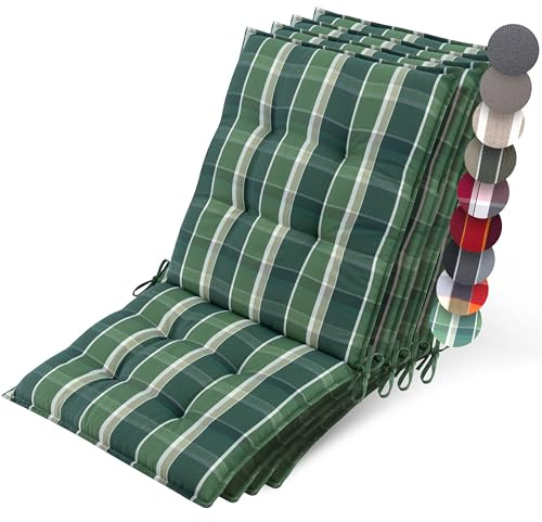 Beautissu 4er Set Premium Niedriglehner Auflage Gartenstuhl rutschfest | 100x50cm 8cm dick Grün kariert robuster Stoff Polster Befestigungsbänder UV-Lichtechtheit 5 Gartenstuhlauflage Robust Sun-NL