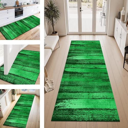 ZESEWU Teppich Läufer Flur Küche rutschfest Grün 60X180CM Vintage Teppichläufer Kücheläufer Lang Waschbar Meterware Küchenteppich Flurteppich Läufer für Wohnraum Schlafzimmer Kinderzimmer Flurläufer