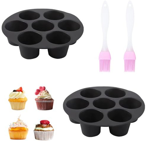 BORISCA 2 Pack Moule à Muffin, Moule a Muffin Silicone 7 Trous, Plaque à Muffins Anti-Adhésif avec 2 Pinceaux à Huile, Moules à Cupcakes et Muffins pour Gâteaux, Moules à Muffins(Douleur moyenne)