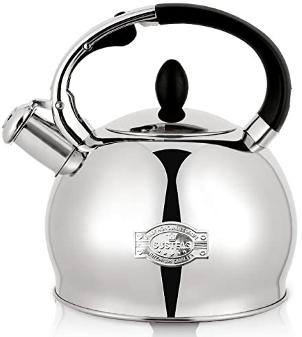 SUSTEAS Stove Top Whistling Tea Kettle-Surgical Stainless Steel Teakettle Teapot with Cool Touch Ergonomic Handle, with 1 Silicone Pinch Mitt Included,3L (Silver)