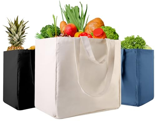 Musbus Large Canvas Tote Bag-Organic Cotton, 3-Pack Eco-Friendly Reusable Grocery Bags with Pockets/Bottle Sleeves, Washable Shopping/Farmers Market, Long Shoulder Strap and Short Handle, Foldable
