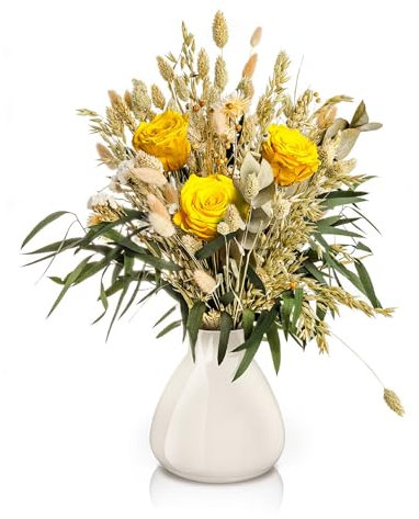 Aluisi Fiori - Bouquet di Fiori Stabilizzati e Fiori Secchi con Rose Gialle Stabilizzate e Portafiori - Simbolo di Energia e Successo