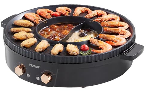 VEVOR Appareil à Fondue Chinoise avec Gril 2-en-1, Hot Pot Électrique 1800 W, Fondue Électrique avec Double Contrôle de Température Séparé, Poêle Antiadhésive, pour Barbecue Coréen Shabu Shabu Hotpot