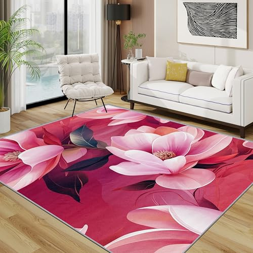 Generisch Blumen Teppich 140x200 cm, Rosa Magnolie Geblümt Teppich Wohnzimmer, Blüten Mädchen Kurzflor rutschfest Pflegeleicht Teppiche Für Jugendzimmer Schlafzimmer, Rosa Rot Dunkelgrün