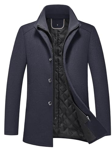 KUDORO Manteau Homme Mi-Long en Laine Chaud pour Hiver Col Montant Trench Coat Classique Parka Pardessus Caban Slim Fit Coup-Vent(Bleu Marin,L)