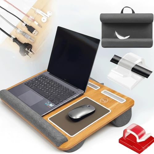 PYJI Lap Desk Wooden Laptop Tray with 5 Cable Holders, Portable Laptop Stand for Bed with Cushion, Lightweight Laptops desk for Sofa & Bed, Lap Tray with Built-in Mouse Pad, Wrist Rest & Phone Slot