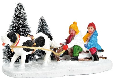Hund zieht Schlitten mit Kindern aus Poly Miniatur Winterwelt Lichthaus Figur Bunt B10cm H6cm T6cm Weihnachtsdeko für Tisch Fensterbank Weihnachtsdorf festliche Dekoration Sammlerfigur Geschenkidee