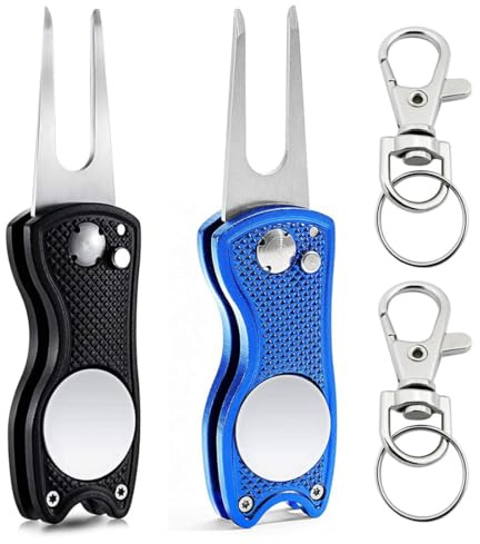 Golf Reparatur Pitchgabel, 4 Stück, Golf Divot Reparatur Pop-up-Taste und Magnetischer Kugelmarkierung Edelstahl Pitchgabeln, Tragbares Golf Reparaturzubehör, für Golf Club-Sport im Freien