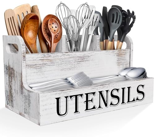 Portautensili da Cucina per Piano di Lavoro, 4 Scomparti orta Utensili Scolaposate in Legno,Mestoli da Cucina, Organizer per Utensili Da Cucina, bianco