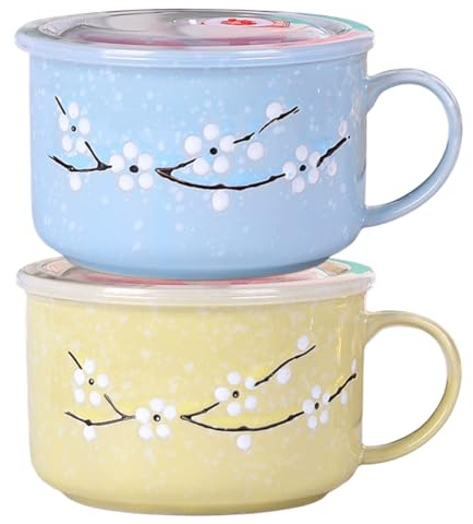 2Pcs Soup Bowls with Handles, 800ml/28oz Sealing Heat-Resistant Microwave Soup Mug with Lid Floral Wintersweet Ceramic Travel Mug for Ramen, Noodle, Porridge