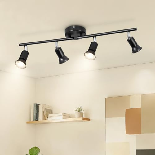 Ketom Plafonnier LED 4 Spots Noir, Éclairage de Plafond GU10 Moderne, Barre de Spots, Lumiere Plafond Orientable Intérieur pour Cuisine, Chambre, Salon, Couloir, Sans Ampoules