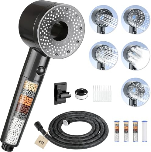 FALSKT Alcachofa de Ducha con Filtro Ducha Antical Alcachofa Ducha | con Manguera 2M Cabezal Ducha para 5 Modos Telefono Duchas de Baño Alta Presión, 4 Filtro, Soporte, Cepillo de Limpieza