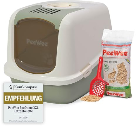 Katzentoilette XXL PeeWee EcoDome Katzenklo mit Haube Katzen WC geschlossen inkl. 3kg Streu Holzpellets, Farbe: Salbeigrün-Creme