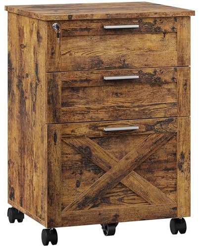 Litake Rollcontainer Abschließbare mit 3 Schubladen,Mobiler Aktenschrank Büroschrank mit Rollen,Unter Schreibtisch Schrank für Büro und Home Office,48x40x68cm,Vintage Braun