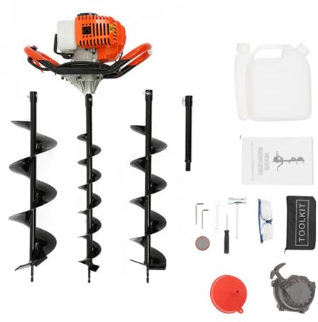 Bensin jordborr 52 CC 2,4 PS 2-takts jordhålsborr med 3 borrar (100,150, 200 mm) förlängningsstänger + tillbehör CDI trädgårdsborr 8 500 varv/min stolpborr för trädhål staketstolpar trädgårdsarbete