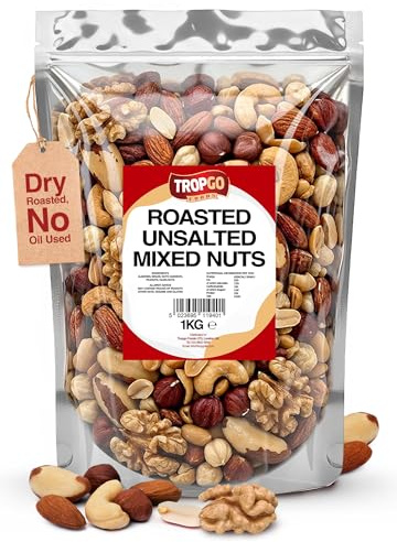 Tropgo Roasted Unsalted Mixed Nuts 1kg - Dry Roasted, No Oil Used, Nut Snacks with Fibre, Protein and Minerals - Perfect for Snacking, Includes Almonds, Brazil, Cashews, Peanuts, & Hazelnuts