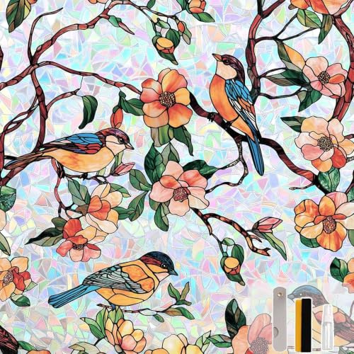 AMIGO Fensterfolie Blickdicht Selbsthaftend, Bunt Sichtschutzfolie Regenbogen Statisch Haftend Folie Fenster Anti-UV Sonnenschutzfolie für Wohnzimmer Küche,Blumen-Vogel-Muster 44.5 x 200cm