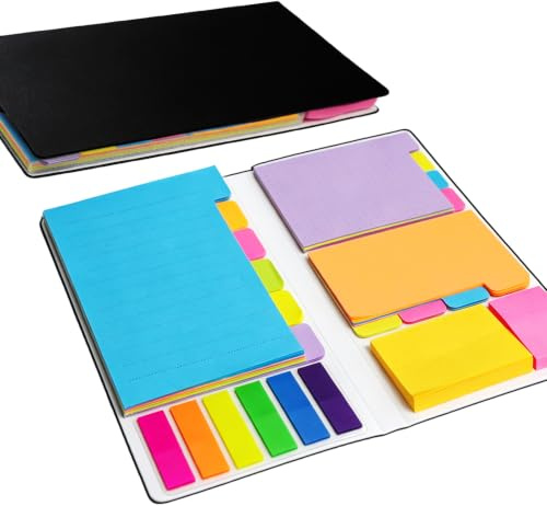 Haftnotizen Set, 410 Stück Klebezettel in 6 Größen mit PU-Lederhülle | Bunte Sticky Notes,Selbstklebende Seitenmarker Klebezettel Index Tabs für Bücher Ordner Bürobedarf Schulsachen