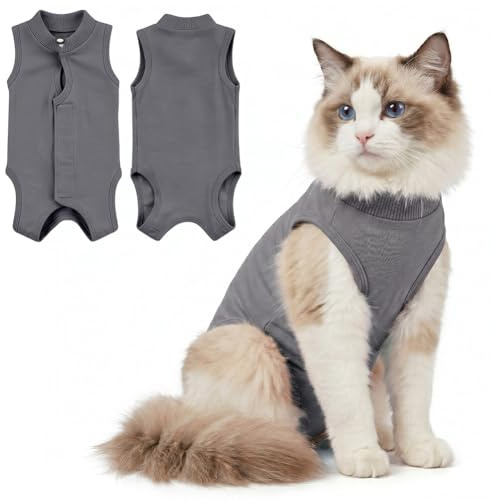 AYESY Trajes de Recuperación para Gatos, 2 Piezas Profesional Body de Recuperación Heridas Abdominales Suave Transpirable Pijama contra Lamer para 1.8-3.6 Kg Gato Esterilización Gris M