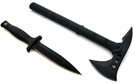 VIKING GEAR® XXL Set - Tomahawk mit Messer inklusive Etui - Black Thor Edition - Axt - Beil - scharfes Kampfmesser - Dolch -Stiefeldolch - Security Ausrüstung, Notfallausrüstung, schwarz