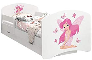 Happy Babies - Dubbelsidig barnsäng med skola; modern design med säkra kanter och fallskydd skummadrass 7 cm. (160 x 80, 36. Prinsessa med fjärilar)