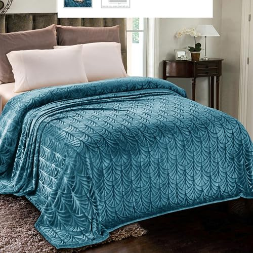 Whale Flotilla Flannel Fleece King Size Blanket for Bed, 230x264 CM Soft Fluffy Velvet Bed Blanket with Decorative Vintage Pattern for All Season, Warm and Lightweight, Teal