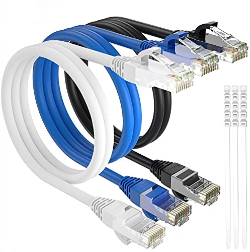 Adoreen Cat 6 Ethernet Cable 6 Ft-3 Pack,High Speed Short Patch Cables Network Cables, Soft Flexible Cat6 RJ45 LAN Internet Cable Cord Faster Than Cat 5e 5 Cable+15 Ties-Black+White+Blue
