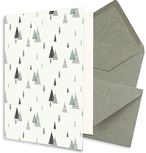 NEUSER PAPIER 200x nachhaltiges Weihnachtskarten-Set DIN A6 in Naturweiß mit Weihnachtsbäumen - Faltkarten mit Umschlägen DIN C6 in Kraftpapier Grau - Weihnachtsgrüße für Firmen und Privat