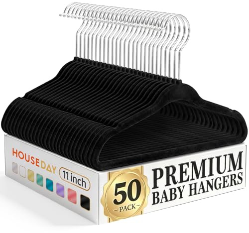 HOUSE DAY 11 Inch Velvet Baby Hangers 50 Pack Black, Premium Kids Hangers for Children/Infant/Toddler Clothes, Durable Non Slip Small Baby Felt Hanger for Closet, Ideal for Everyday Use