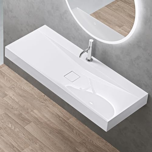 doporro Vasque à Poser Lavabo Suspendu Blanc en Solid Surface 120x48x12cm | avec Bonde Incluse, pour Salle de Bain, Colossum810