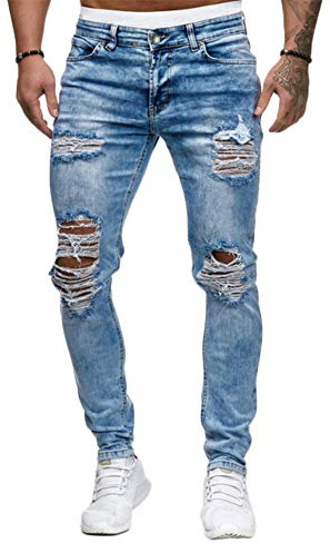Jeans Déchiré Homme Slim Trou Vintage Biker Pantalon en Denim Extensible Jean Skinny Serré Pants Casual Jean Stretch Décontracté Vintage Pantalon Crayon Militaire (Bleu 1,XXL,XXL)