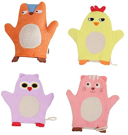 Kinder Badehandschuhe mit Tiermotiv, 4 Stück-pack aus Baumwolle | Heim und Reise, Leicht und Tragbar, Niedliches Cartoon Design, Mild und Komfortabel Zufälliger Stil