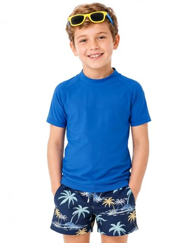 MEETWEE Rash Vest - Costume da Bagno per Bambini, a Maniche Lunghe, UPF 50 + Protezione Solare Rash Guard 5-15 Anni, Blu - Manica Corta, 10 Anni