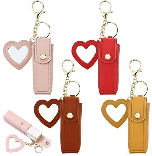 Arvintas Lot de 4 porte-clés portables en cuir synthétique avec miroir, support de rouge à lèvres, baume à lèvres, étui de rangement de voyage pour femmes et filles (style 2), Café + rose + rouge +