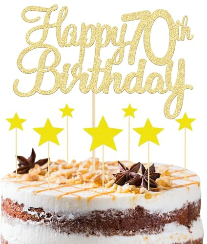8 Pcs Gold Happy 70th Birthday Cake Topper - 1 Topper & 7 Star Cupcake Toppers, Glitter 70th Cake Topper for Anniversary Party Supplies