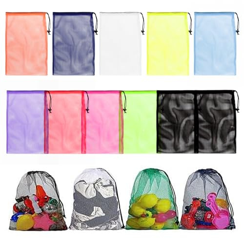 NICKLIN Mesh Bags, 11 Pcs Mesh Drawstring Bags, Nylon Storage Bag | with Drawstring, Sturdy and Durable Colorful Net Beach Tote Laundry Bag for Camping, Travel, Sport, Swimming, Training