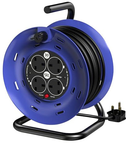 Extension Lead 30m Heavy Duty Cable Reel, 4 Socket Cord Reel UK Plug Socket with Thermal Cut-Out Protection 13A Fused Plug