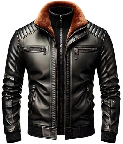 Veste en cuir véritable pour homme avec col en fourrure, fermeture éclair sur le devant, détails matelassés, noir, noir, Medium