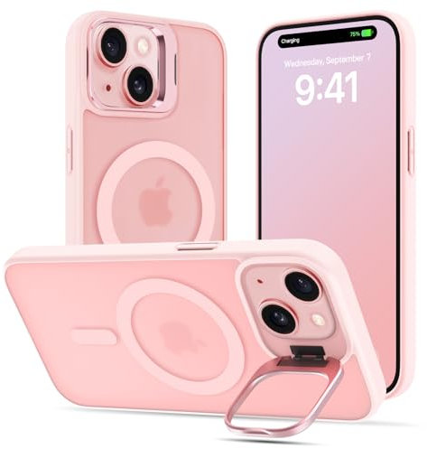 Cover Magnetica per iPhone 15 Plus / 14 Plus con Cavalletto, Compatibile con Magsafe, Supporto per la Fotocamera Integrato Custodia, Militare Antiurto Sottile Protettiva Traslucida Glassata Case, Rosa