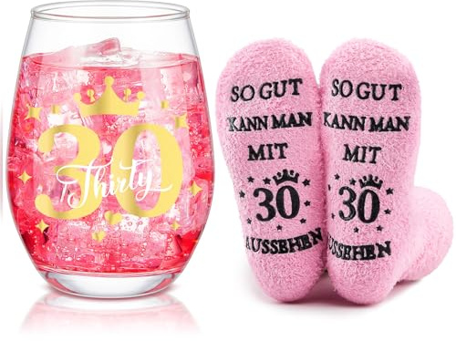 Nuenen Divertenti Regali per 30° Compleanno per Donna, Includono Bicchiere da Vino Inciso e Calzini per 30° Compleanno, Calice da Vino Senza Stelo e Calze Regalo per 30° Anniversario Matrimonio